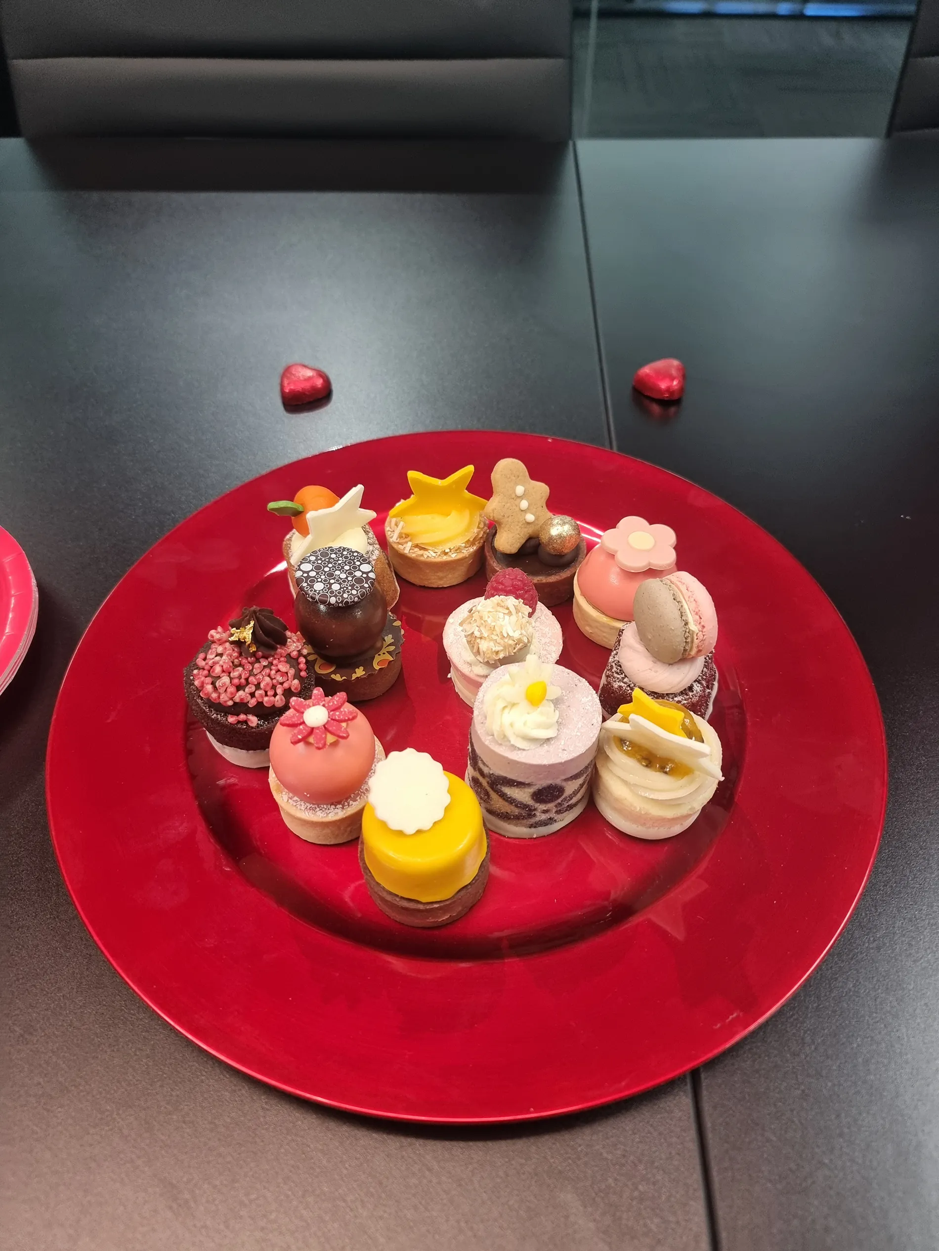 cup cakes on a red plate